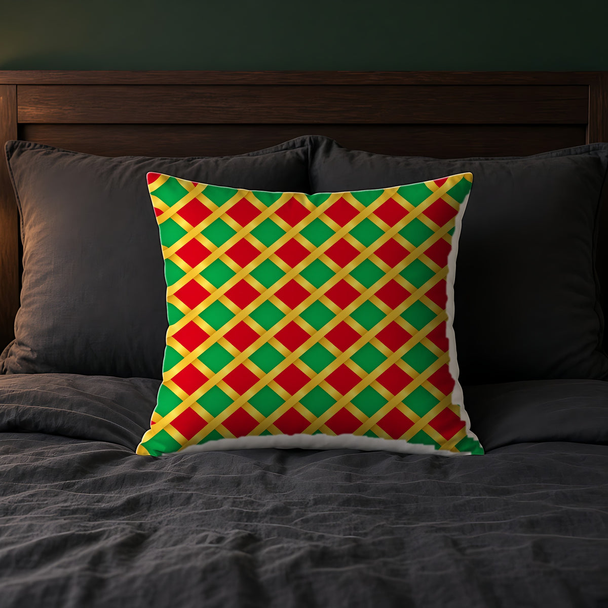 Broad Gold Diamond Trellis Faux Suede Cushion on a bed with charcoal bedding