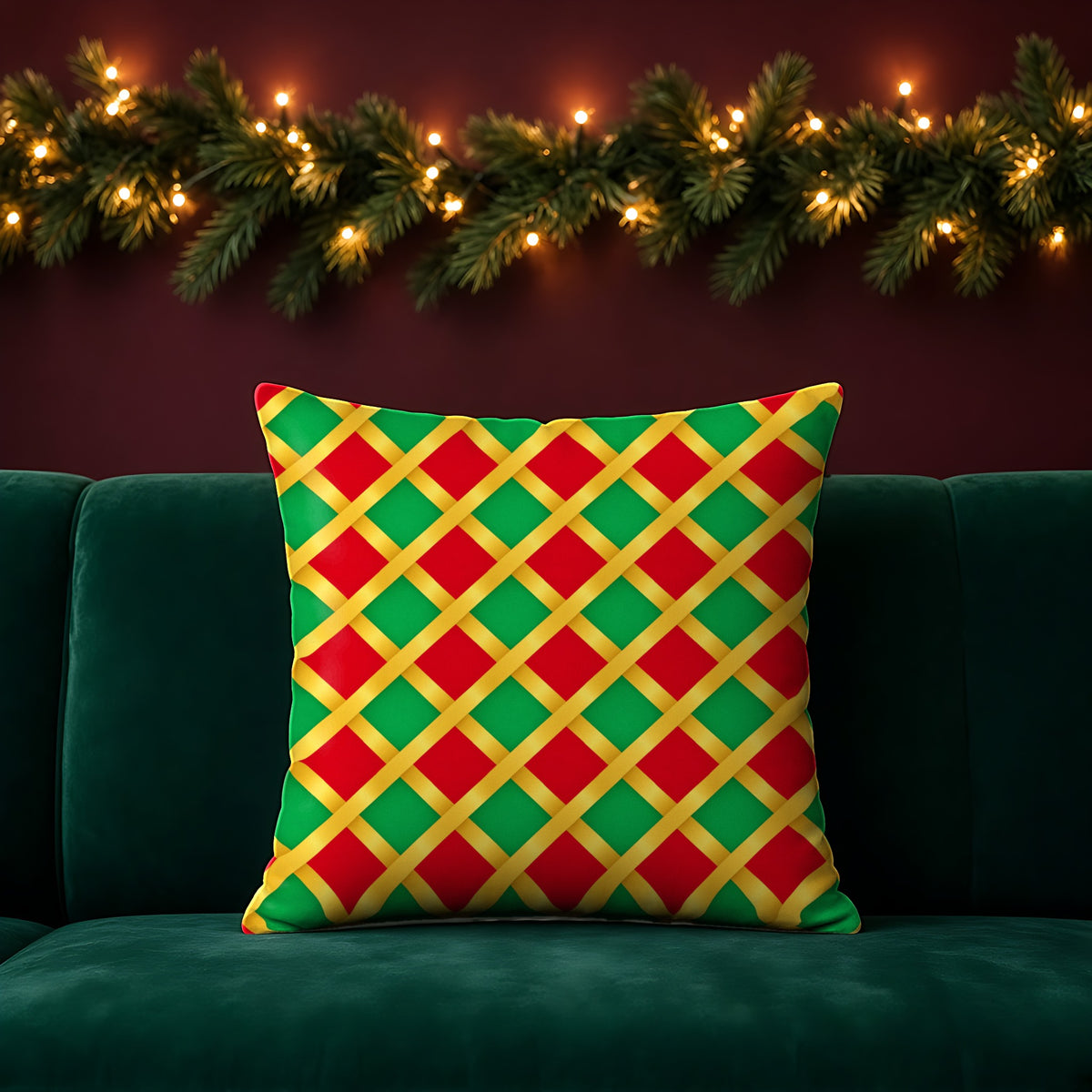 Broad Gold Diamond Trellis faux suede cushion in the Festive Jewel Bright palette, on an emerald sofa in a festive room with a garland and fairy lights