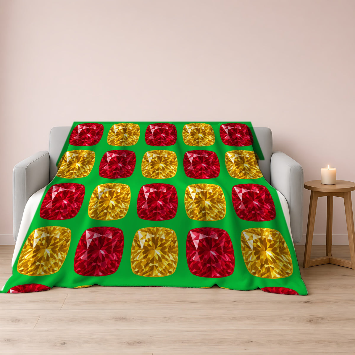Giant Cut Gem Grid Sherpa Fleece Blanket draped over a grey sofa