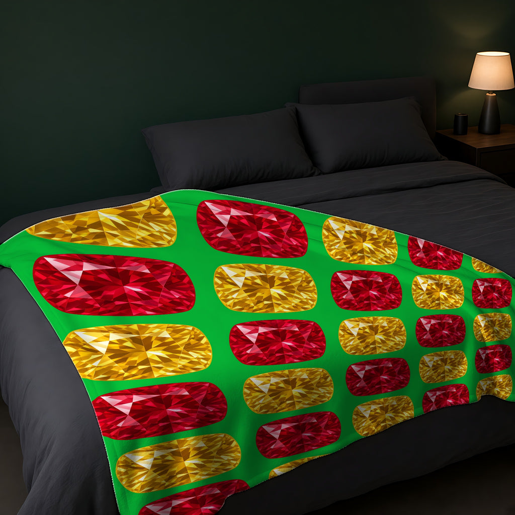 Giant Cut Gem Grid Sherpa Fleece Blanket across the foot of a dark bed