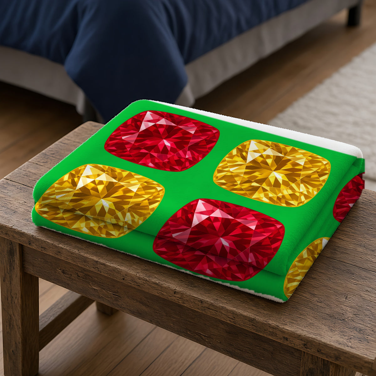 Giant Cut Gem Grid Sherpa Fleece Blanket folded on a wooden bench