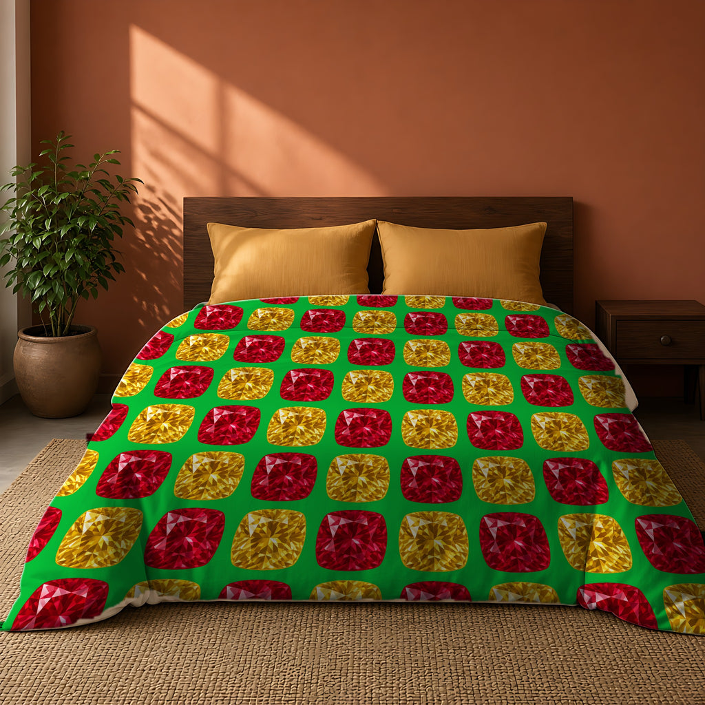 Giant Cut Gem Grid Comforter on a king bed against a warm terracotta wall