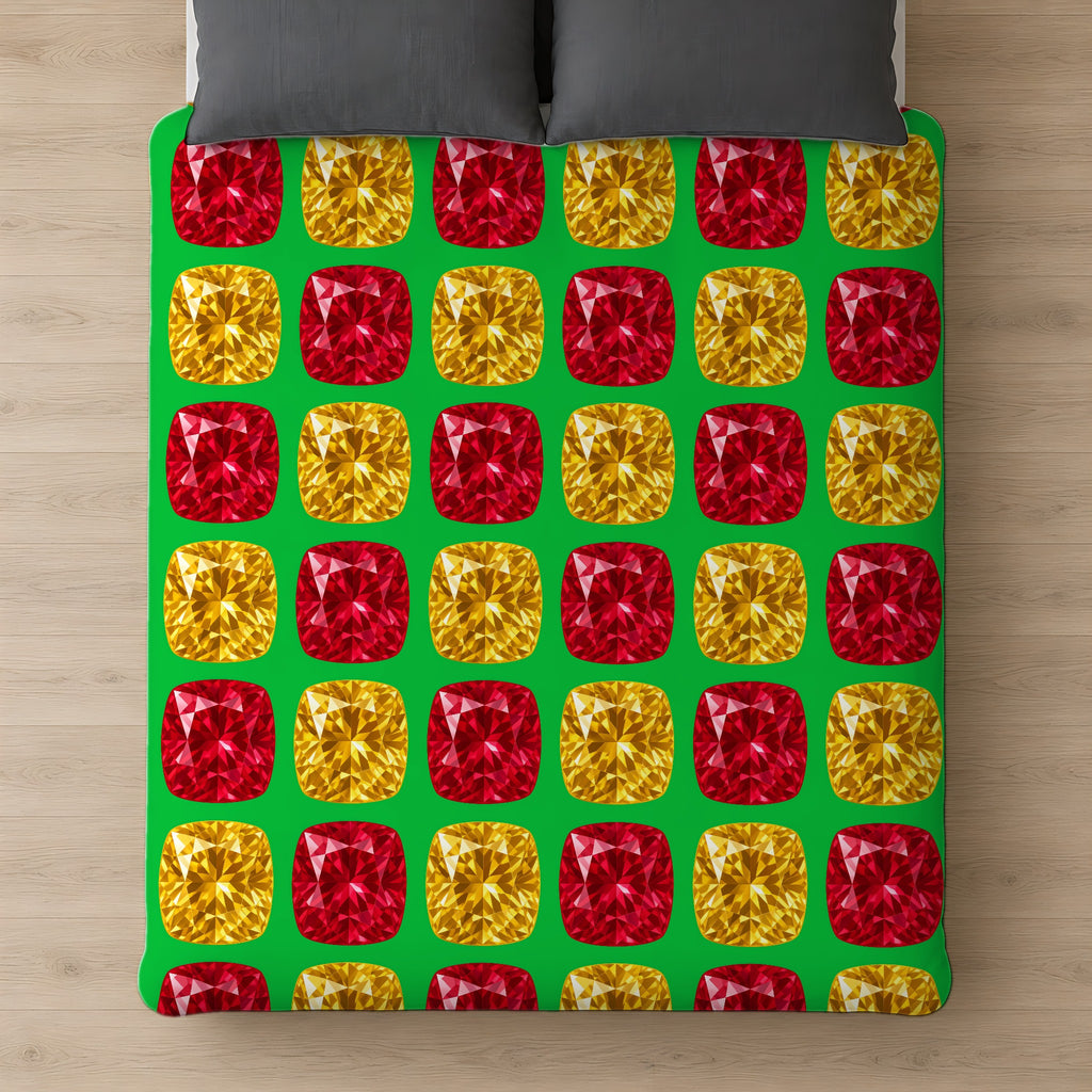 Giant Cut Gem Grid Comforter on a bed, seen from above