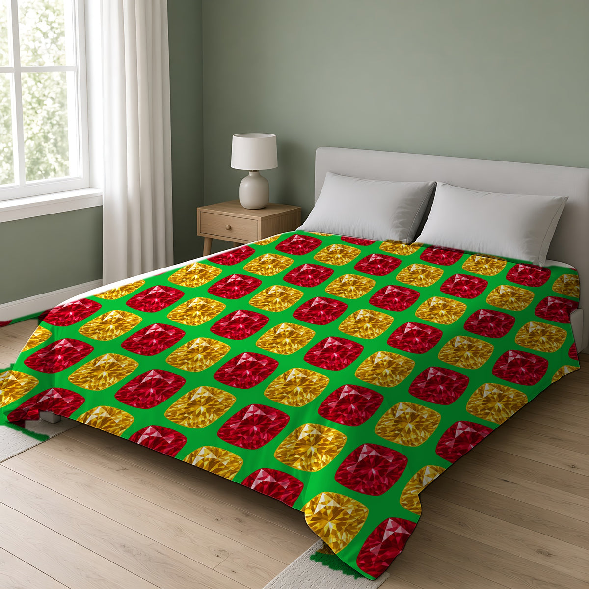 Giant Cut Gem Grid Cotton Duvet Cover on a double bed in a bright sage-green bedroom