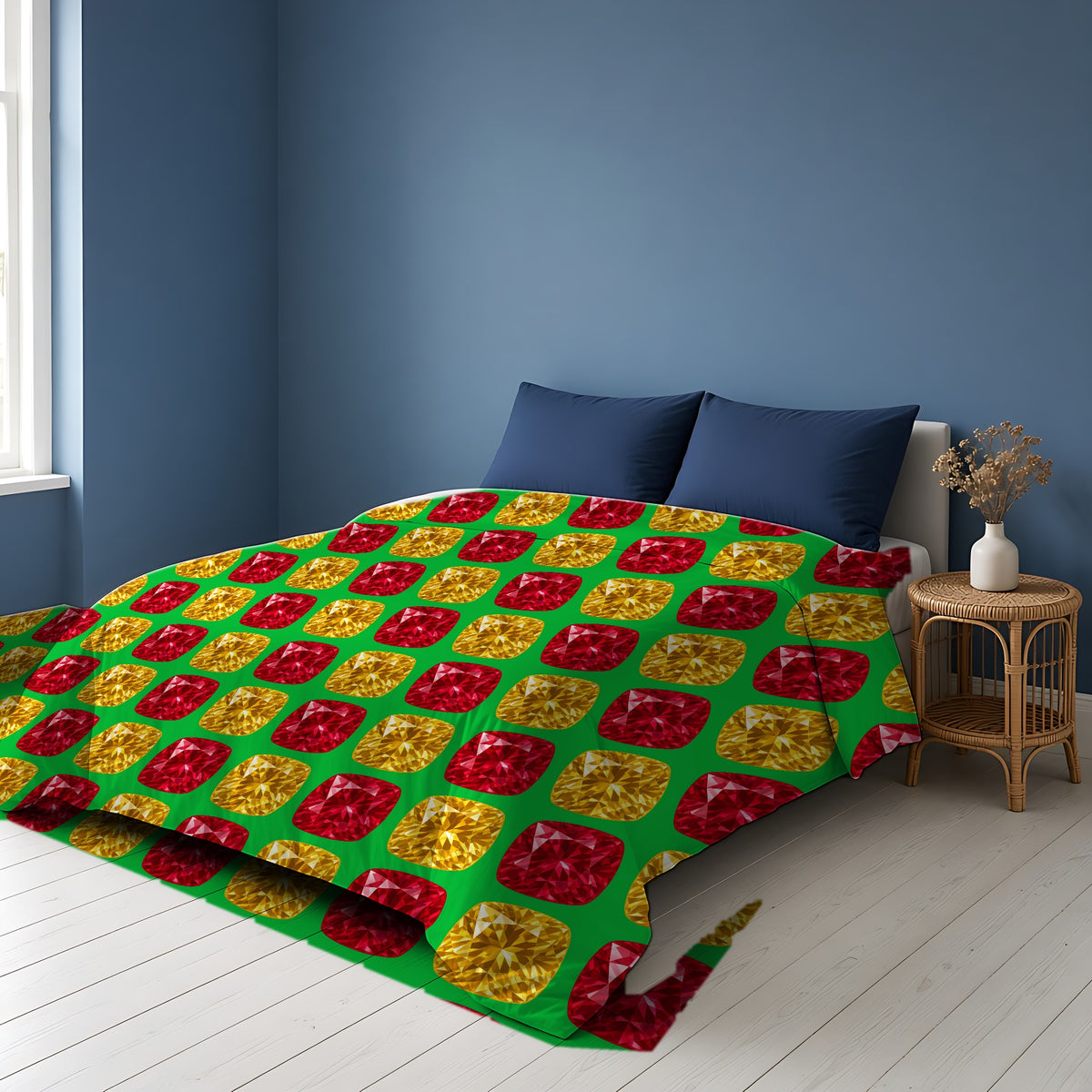 Giant Cut Gem Grid Cotton Duvet Cover on a bed in a Scandinavian blue bedroom