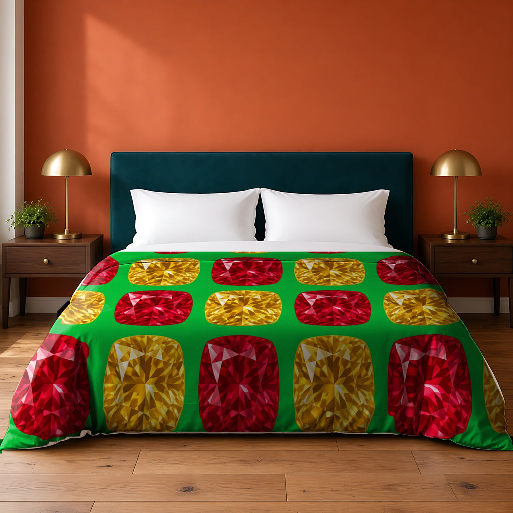 Giant Cut Gem Grid cotton duvet cover in the Festive Jewel Bright palette, on a bed with a teal headboard against a terracotta wall