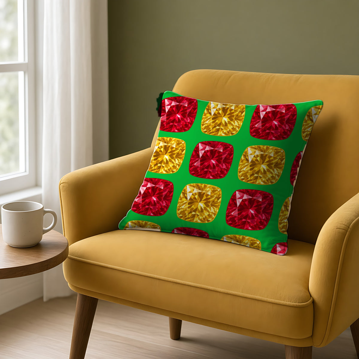 Giant Cut Gem Grid Faux Suede Cushion on a mustard armchair by a window