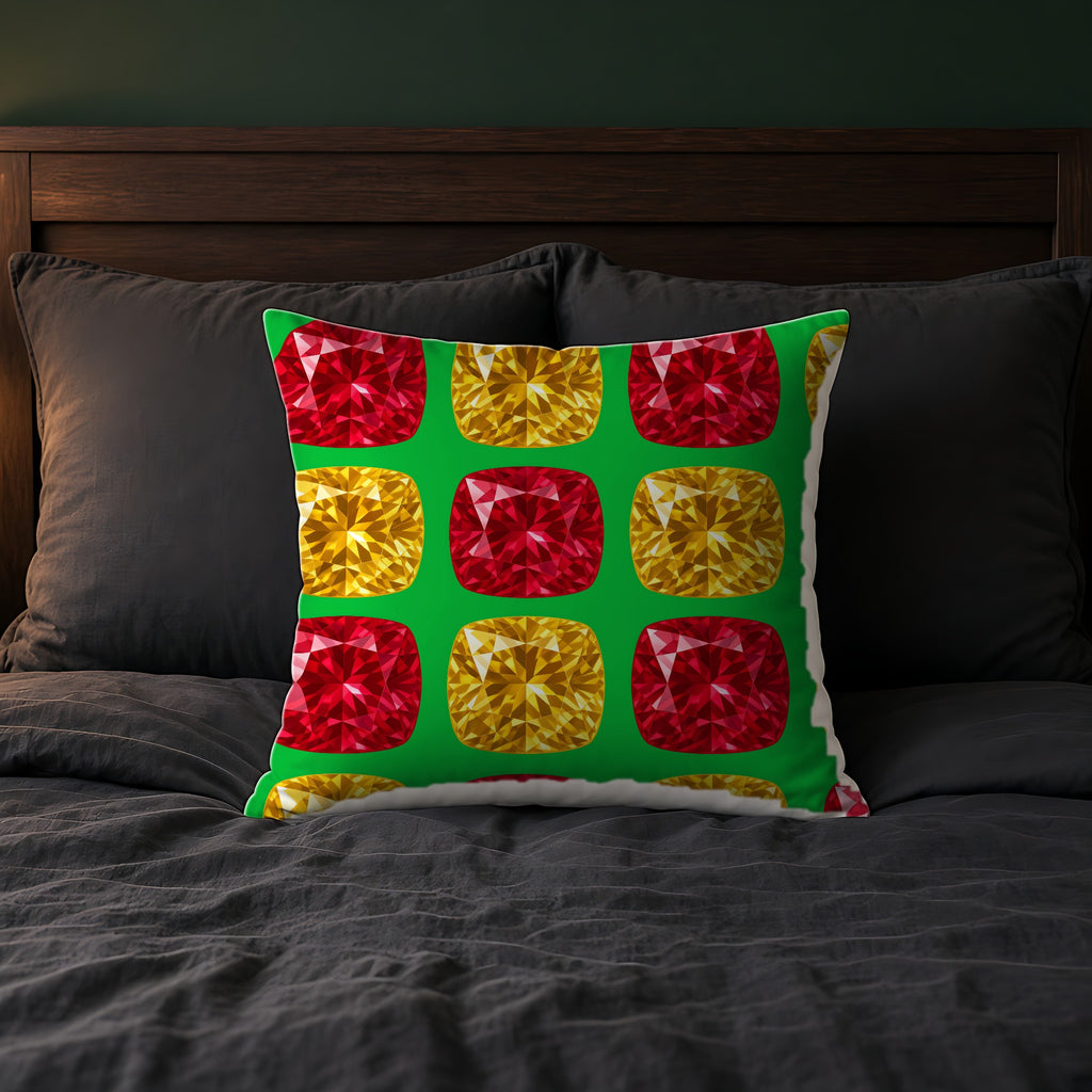 Giant Cut Gem Grid Faux Suede Cushion on a bed with charcoal bedding