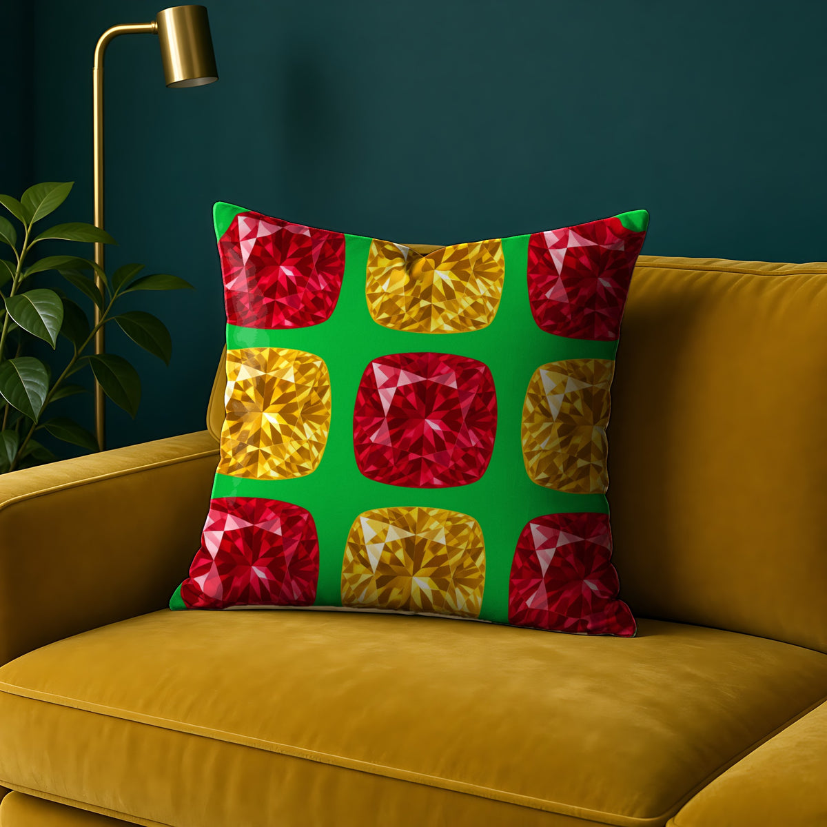 Giant Cut Gem Grid faux suede cushion in the Festive Jewel Bright palette, on a mustard sofa against a teal wall