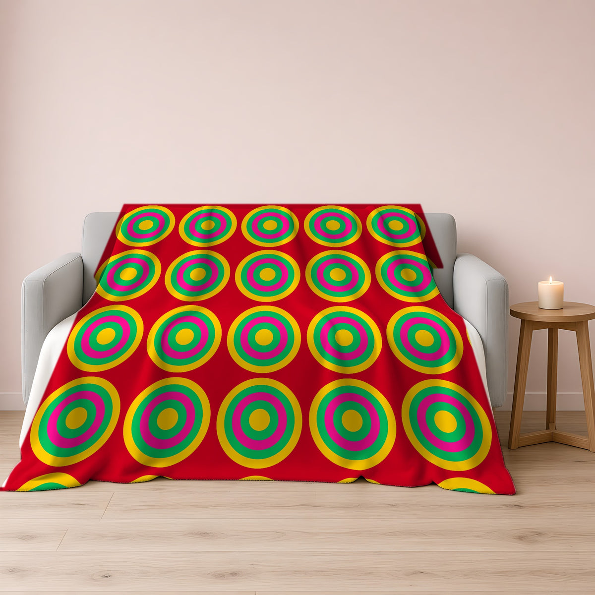 Mega Ring Grid Sherpa Fleece Blanket draped over a grey sofa