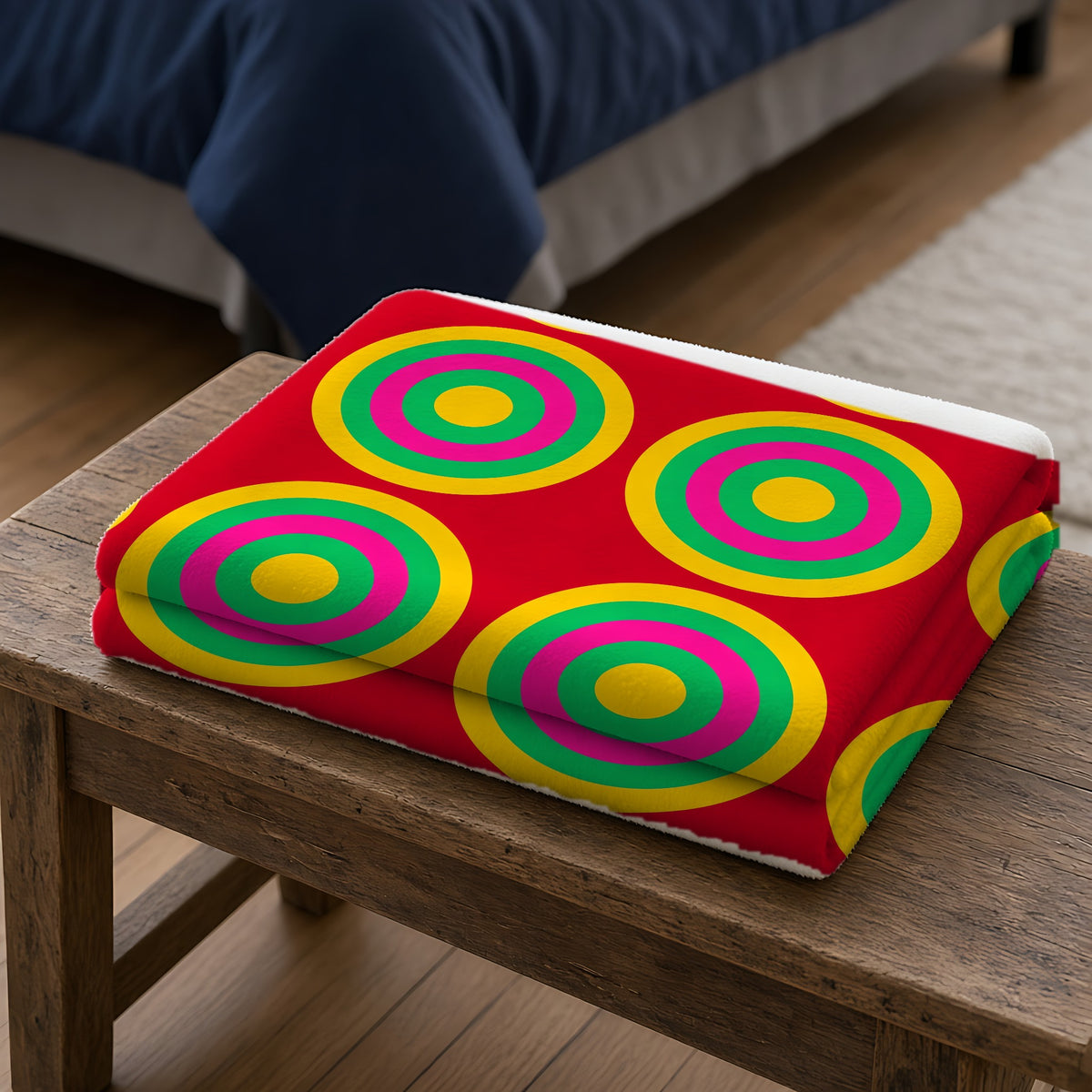 Mega Ring Grid Sherpa Fleece Blanket folded on a wooden bench