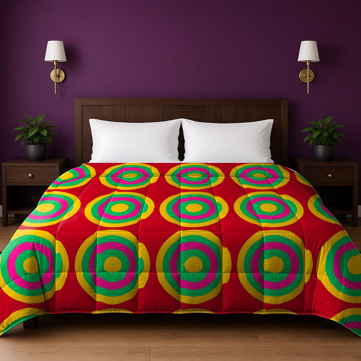 Mega Ring Grid comforter in the Festive Jewel Bright palette, on a bed with a walnut headboard against a plum wall