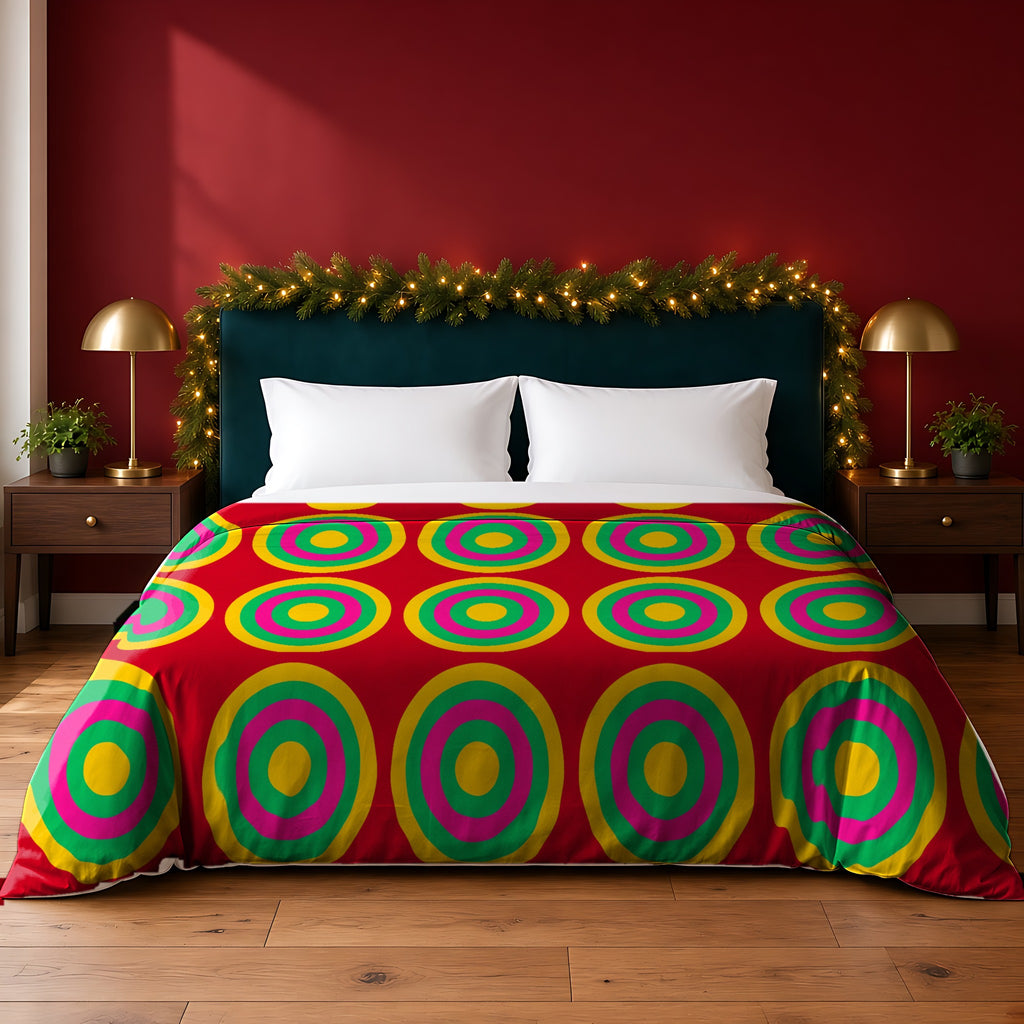 Mega Ring Grid cotton duvet cover in the Festive Jewel Bright palette, on a bed with a green headboard in a festive bedroom with pine garland and fairy lights