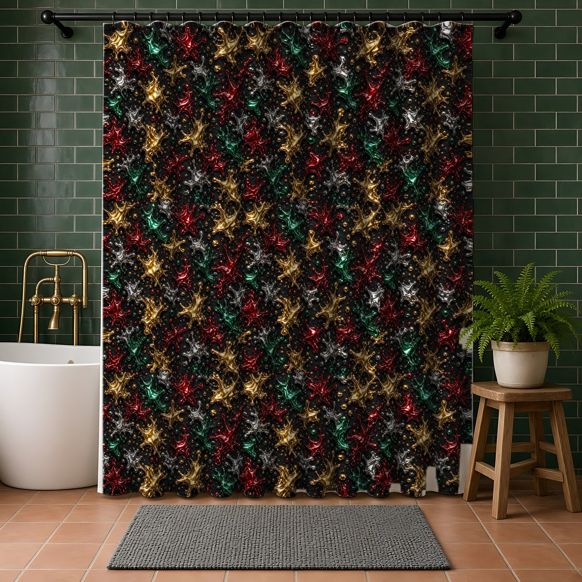 Chrome Splash Confetti Shower Curtain in a bathroom with dark green tiles