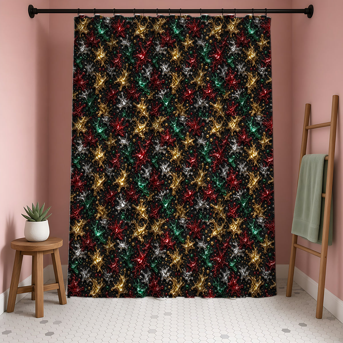 Chrome Splash Confetti Shower Curtain in a blush-pink bathroom