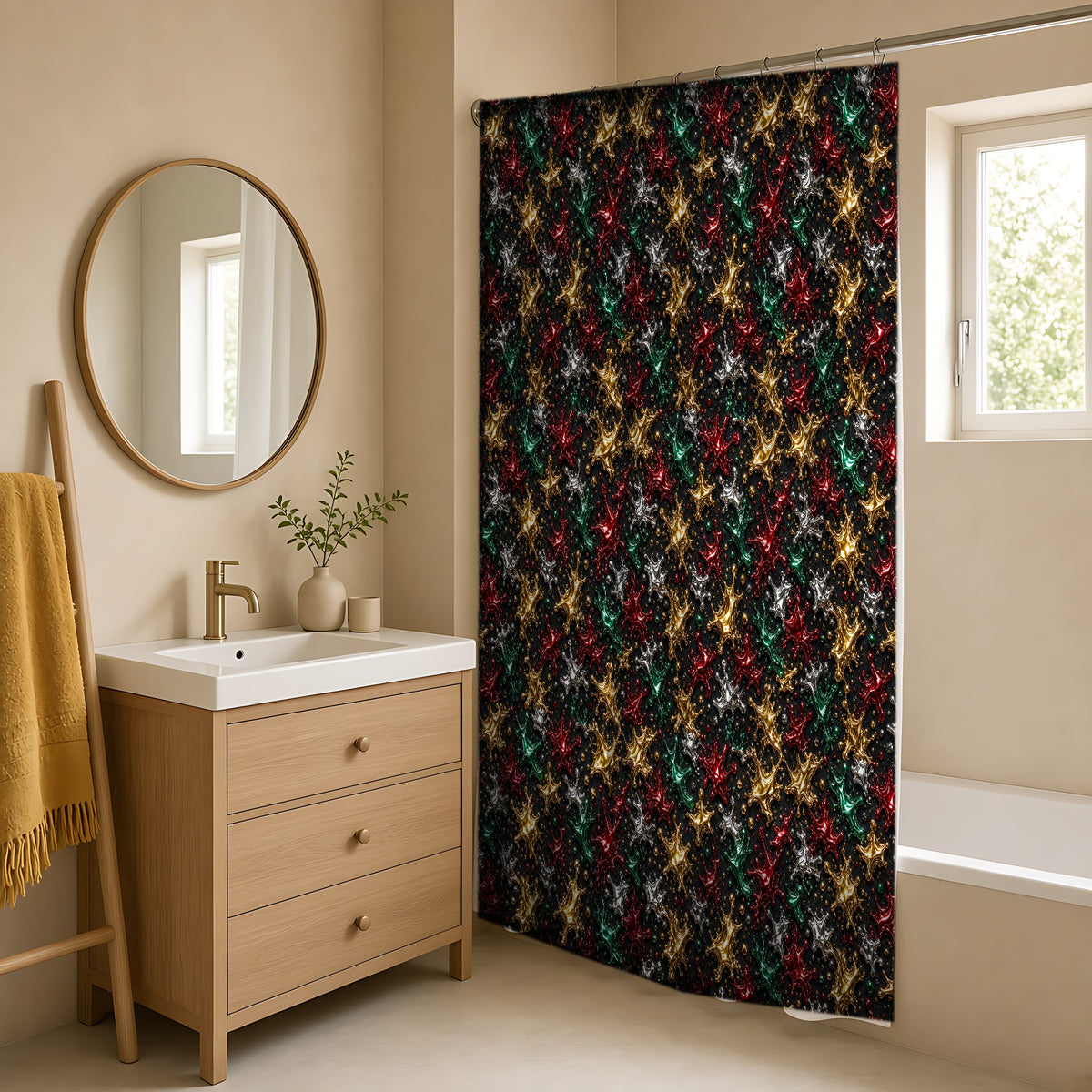 Chrome Splash Confetti Shower Curtain in a warm neutral bathroom with an oak vanity