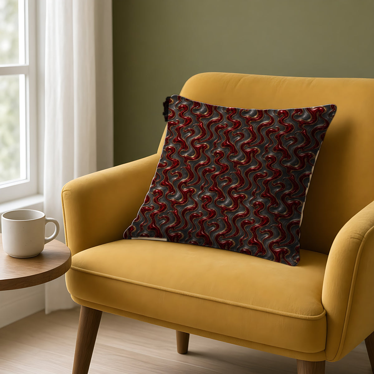 Garnet Mercury Swirl Faux Suede Cushion on a mustard armchair by a window