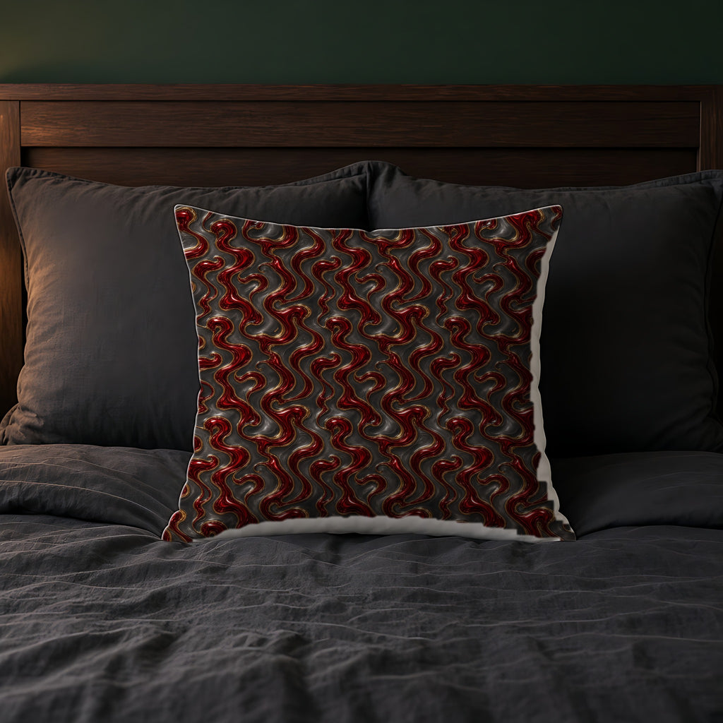 Garnet Mercury Swirl Faux Suede Cushion on a bed with charcoal bedding