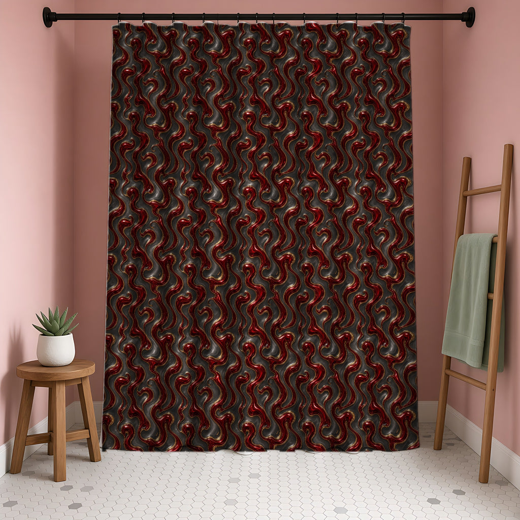 Garnet Mercury Swirl Shower Curtain in a blush-pink bathroom