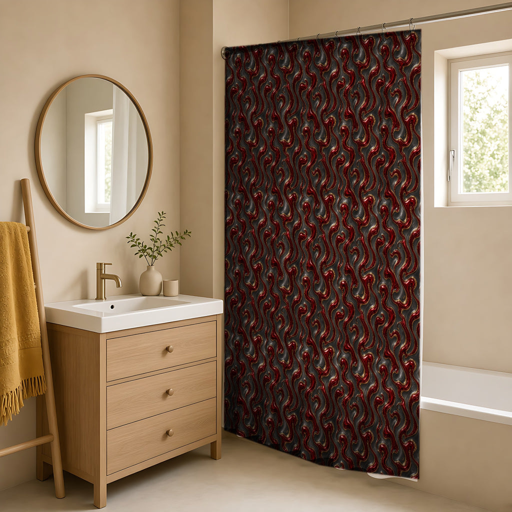 Garnet Mercury Swirl Shower Curtain in a warm neutral bathroom with an oak vanity