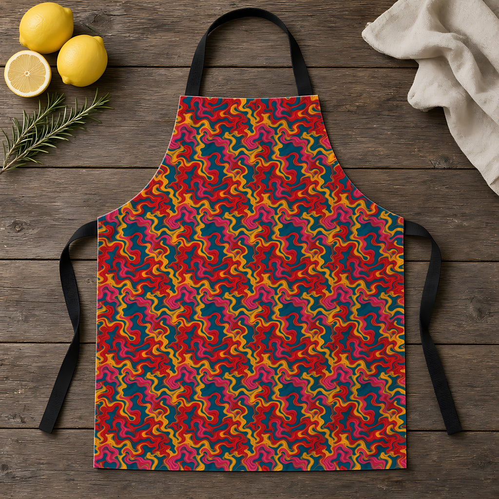 Ripple Thread Drift Apron laid flat on a rustic wooden table