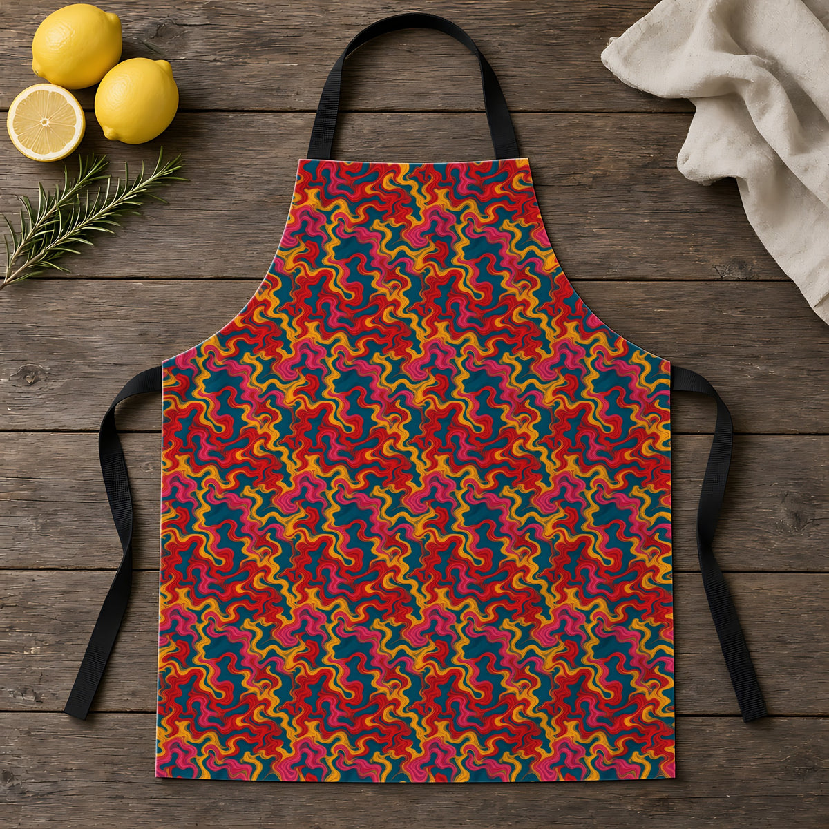 Ripple Thread Drift Apron laid flat on a rustic wooden table