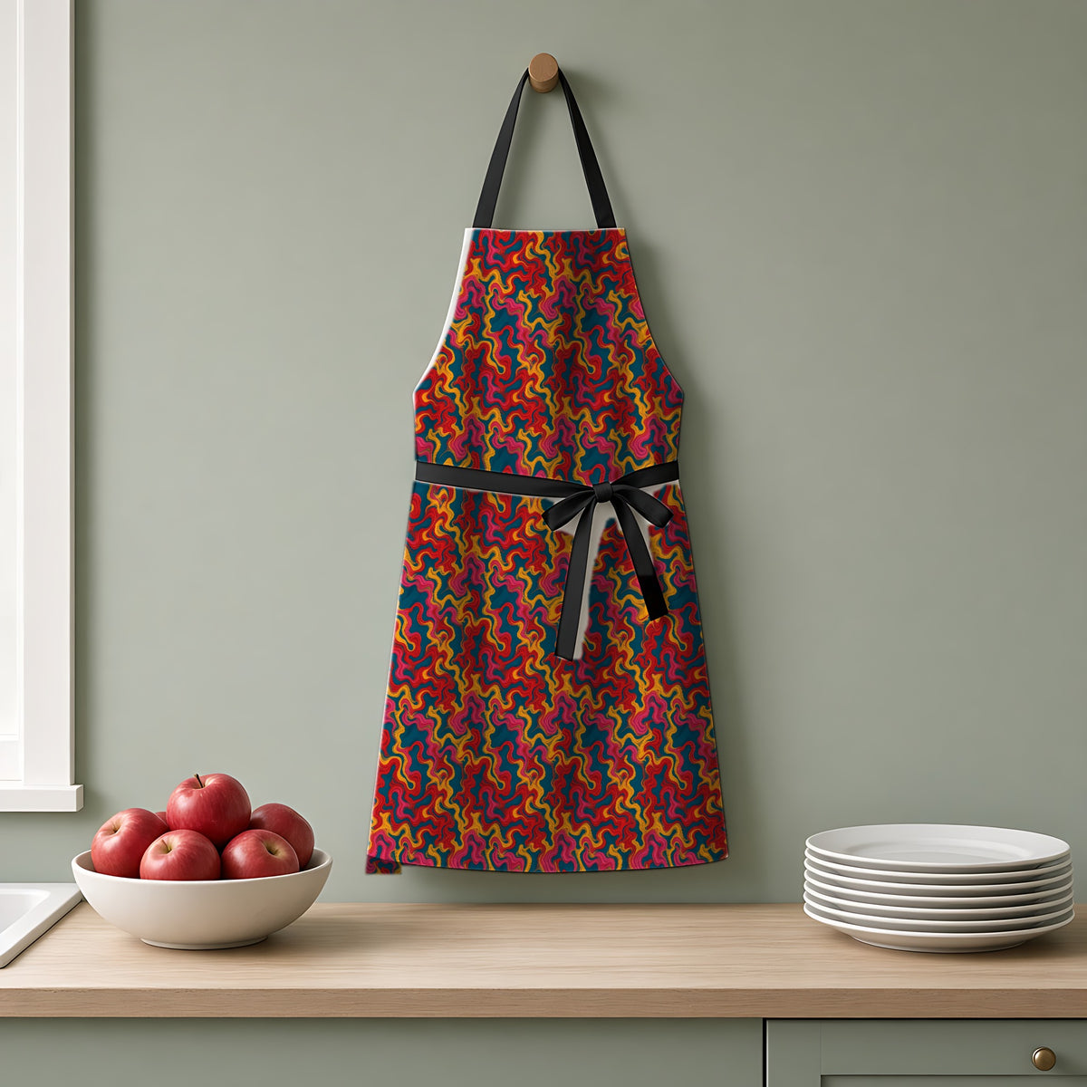 Ripple Thread Drift Apron hanging on a sage-green kitchen wall