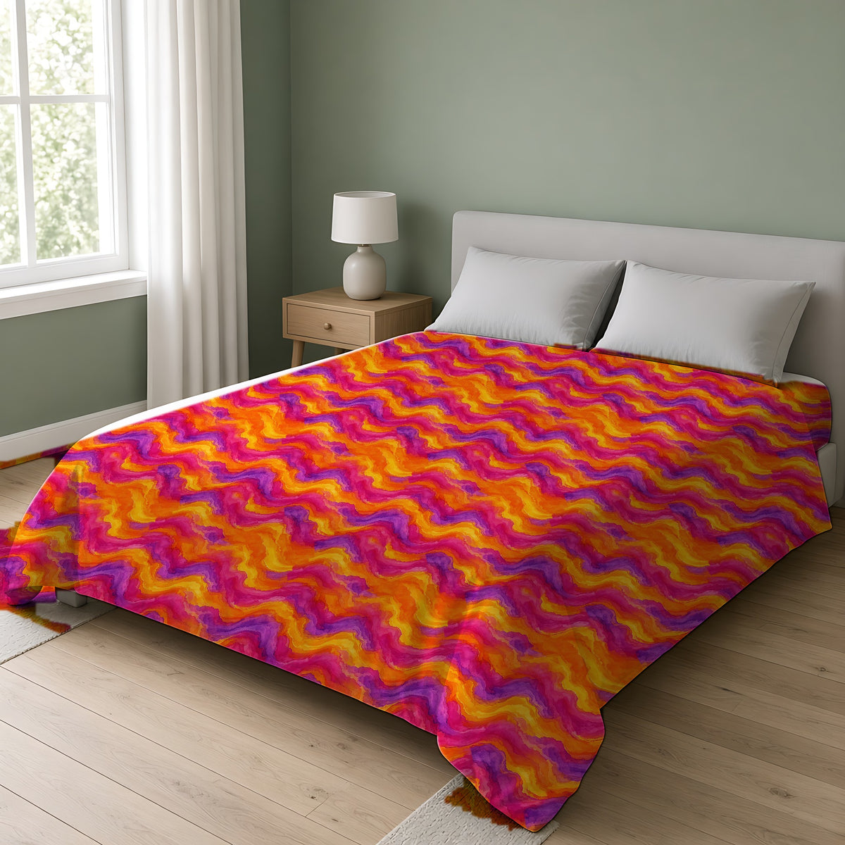 Ombre Wash Bands Comforter on a double bed in a bright sage-green bedroom
