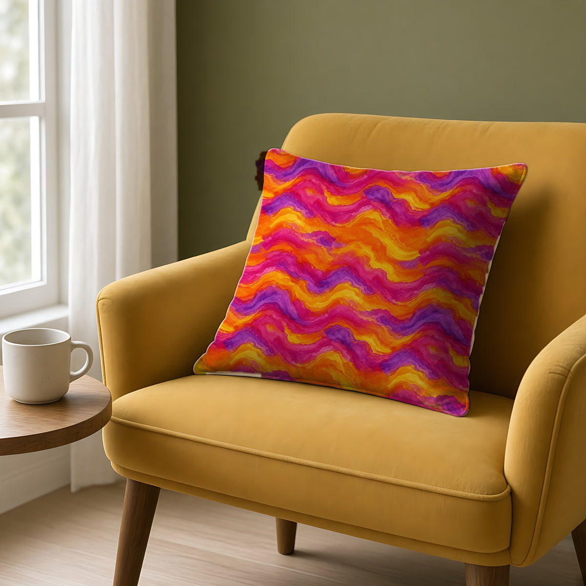 Ombre Wash Bands Faux Suede Cushion on a mustard armchair by a window