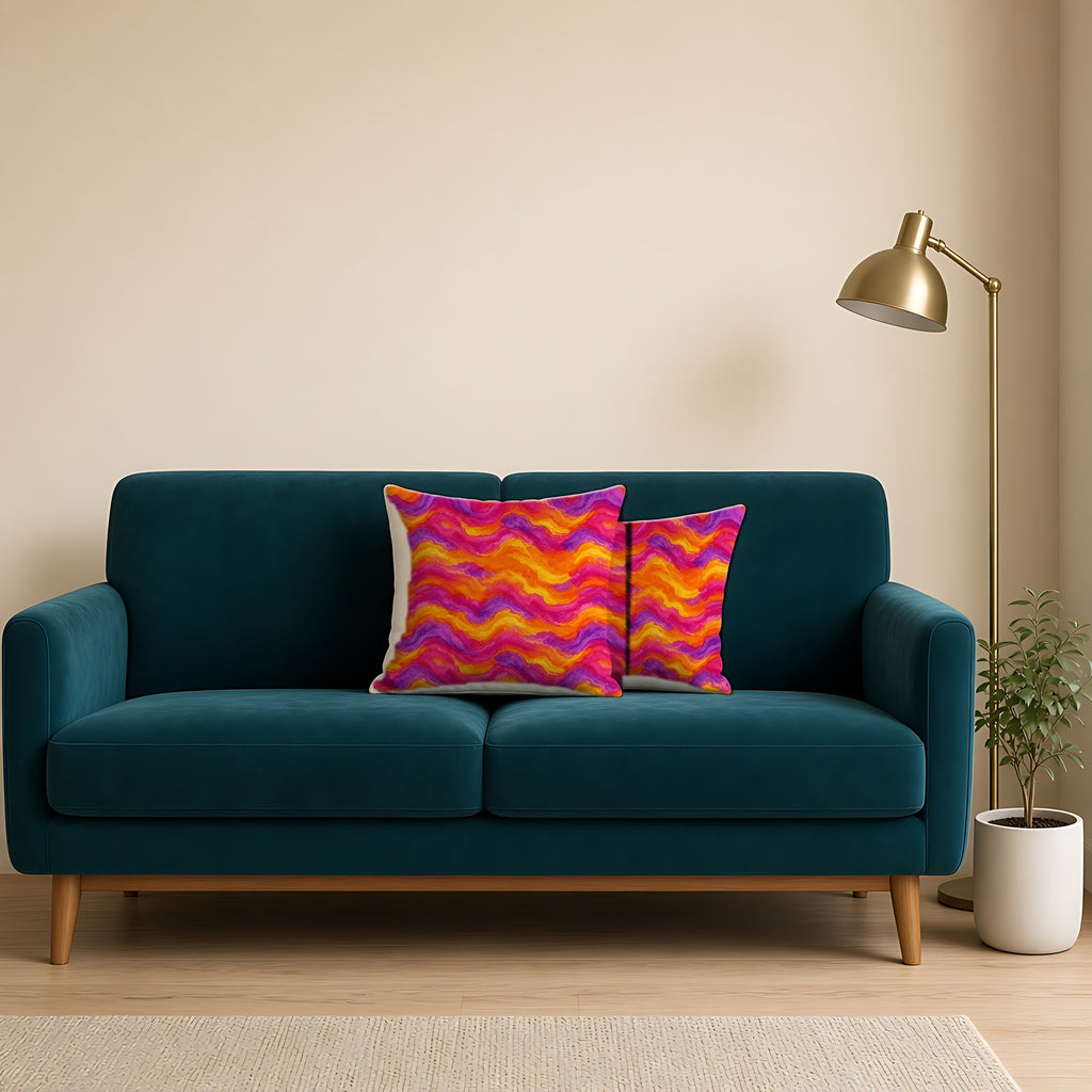 Ombre Wash Bands Faux Suede Cushion on a teal velvet sofa