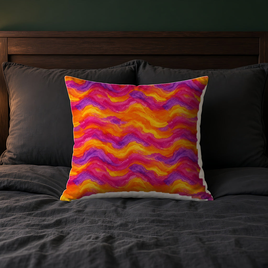 Ombre Wash Bands Faux Suede Cushion on a bed with charcoal bedding
