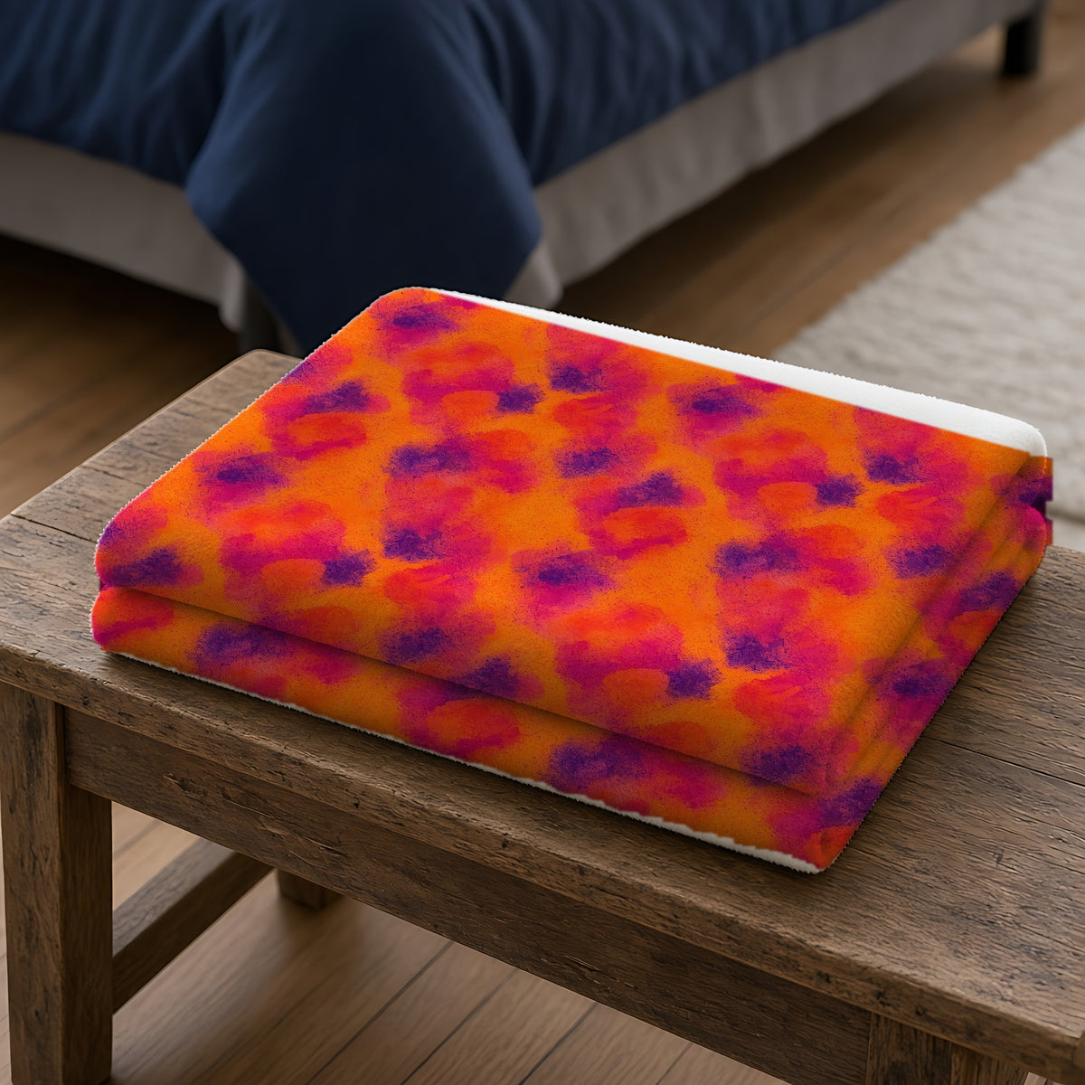Granulated Colour Pools Sherpa Fleece Blanket folded on a wooden bench