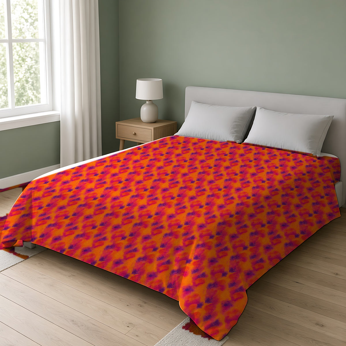 Granulated Colour Pools Cotton Duvet Cover on a double bed in a bright sage-green bedroom