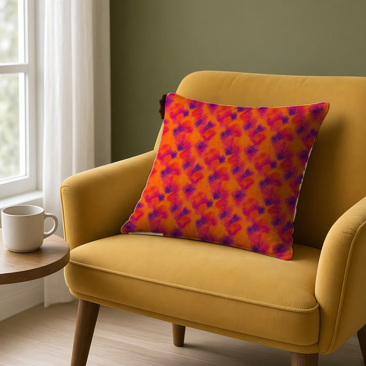 Granulated Colour Pools Faux Suede Cushion on a mustard armchair by a window