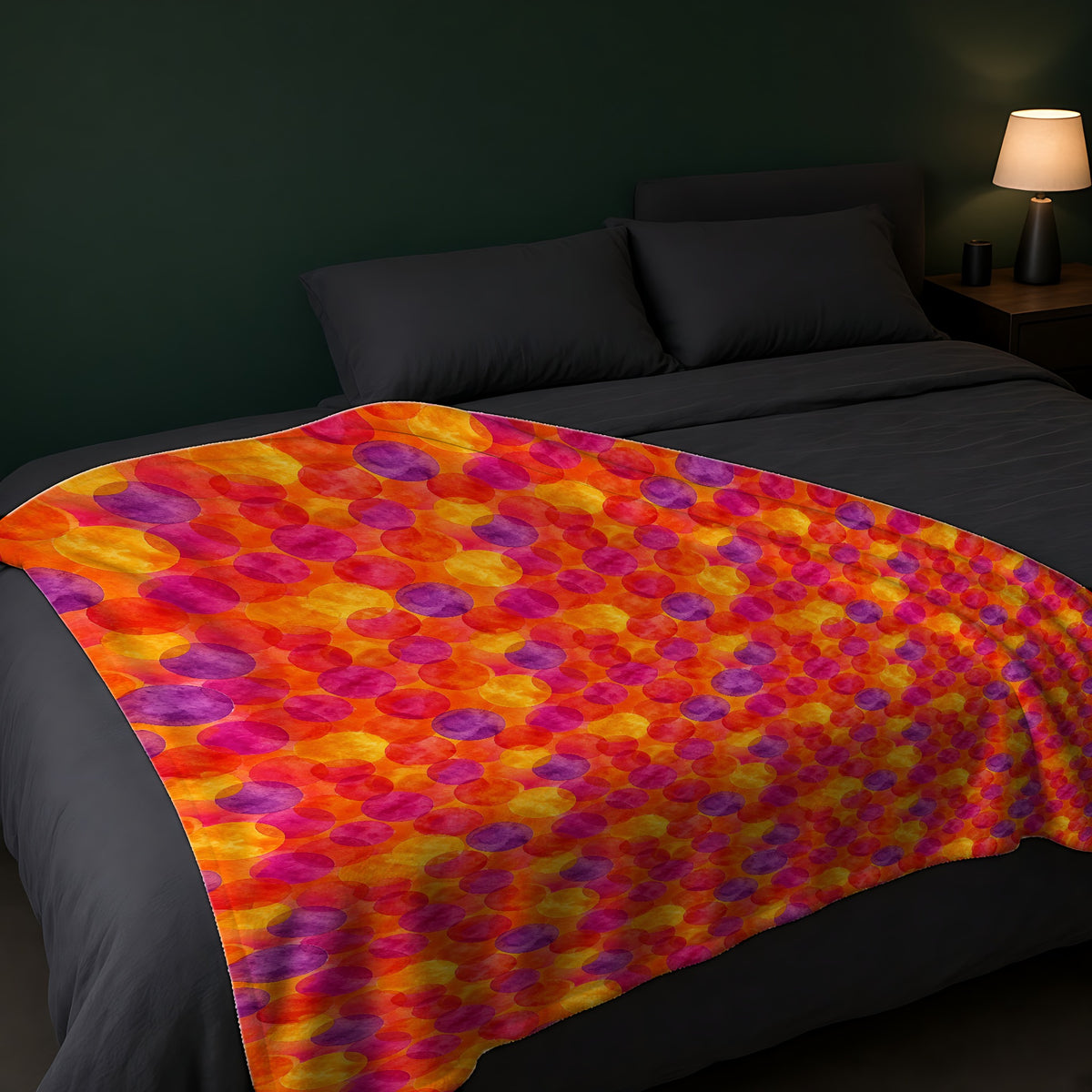 Glaze Circle Overlaps Sherpa Fleece Blanket across the foot of a dark bed
