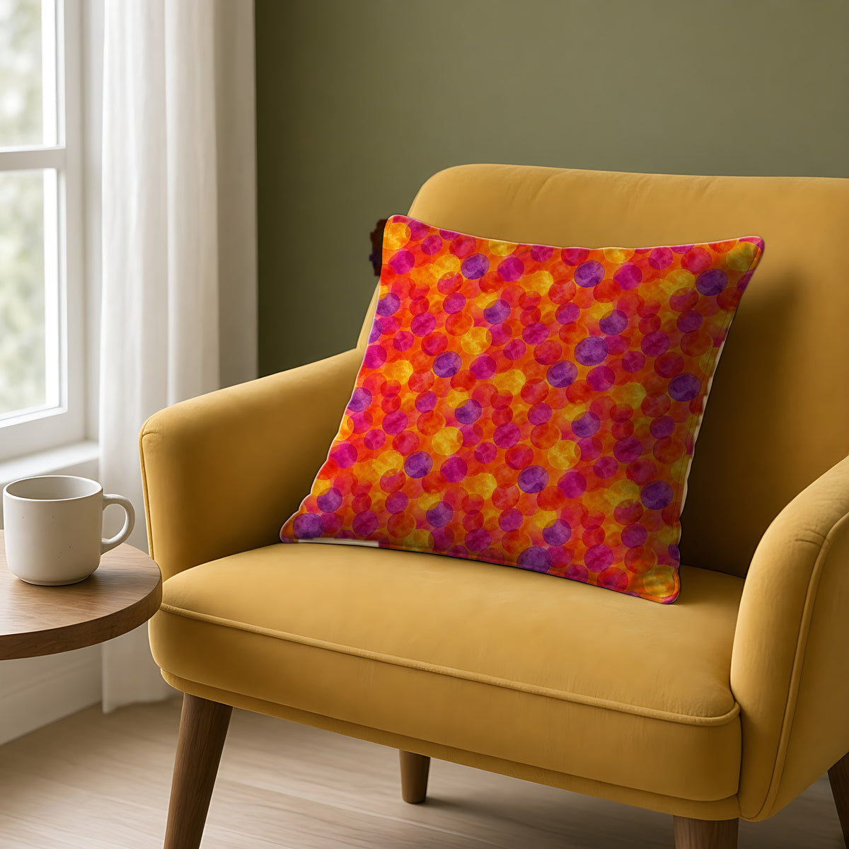 Glaze Circle Overlaps Faux Suede Cushion on a mustard armchair by a window