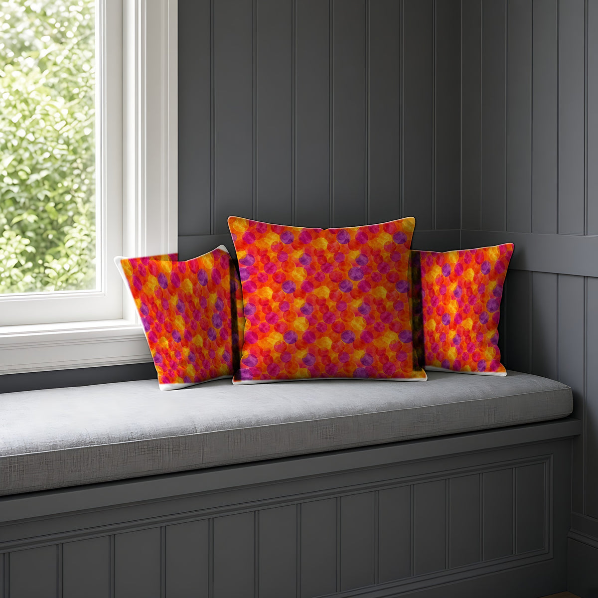 Glaze Circle Overlaps Faux Suede Cushion on a window seat