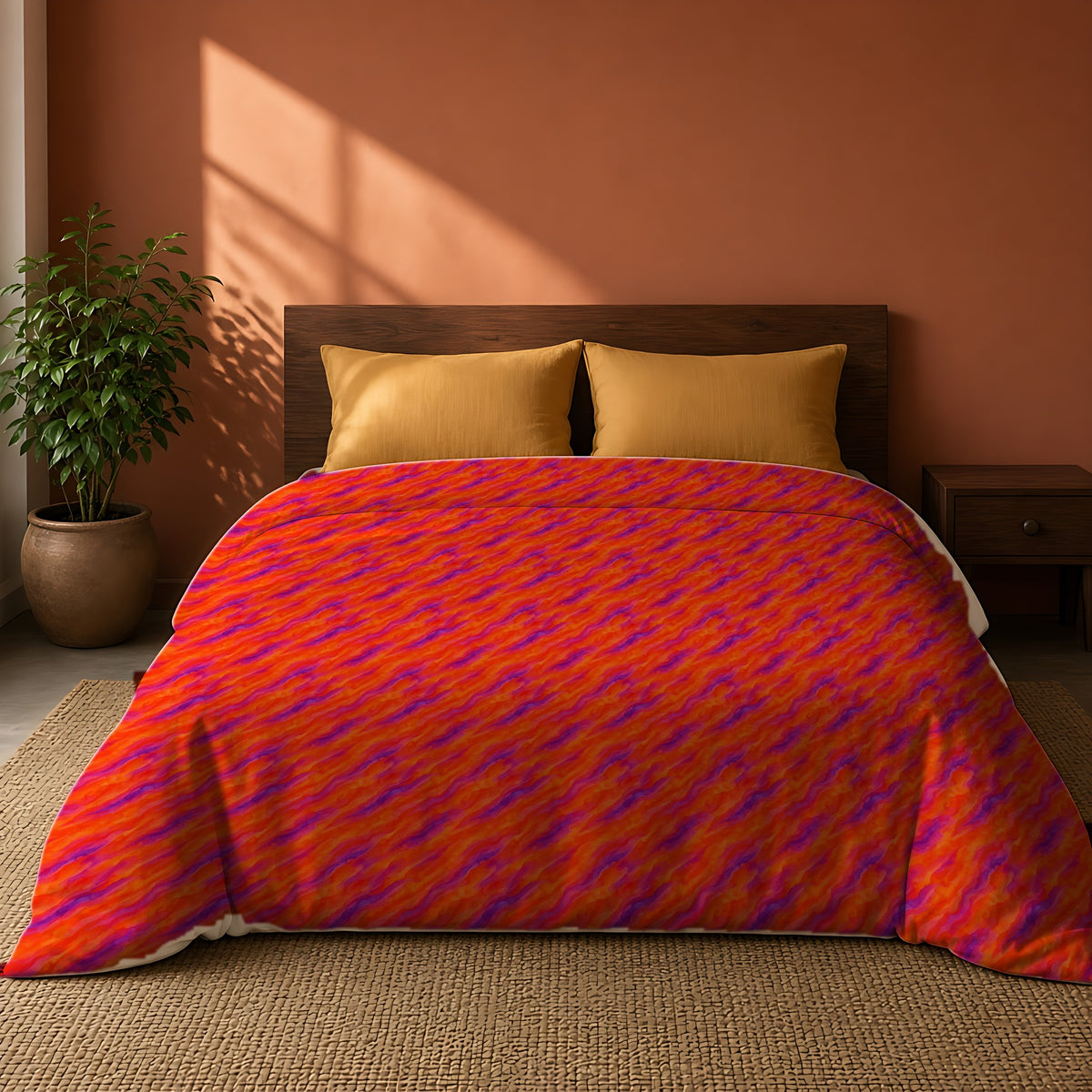 Wash Ribbon Drift Comforter on a king bed against a warm terracotta wall