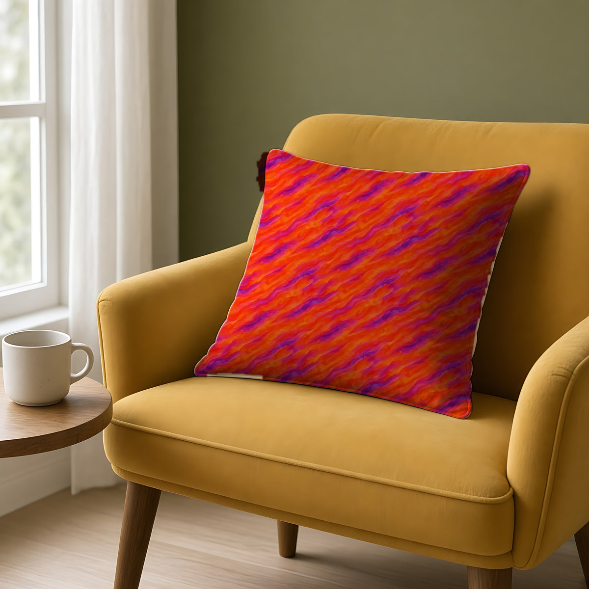 Wash Ribbon Drift Faux Suede Cushion on a mustard armchair by a window