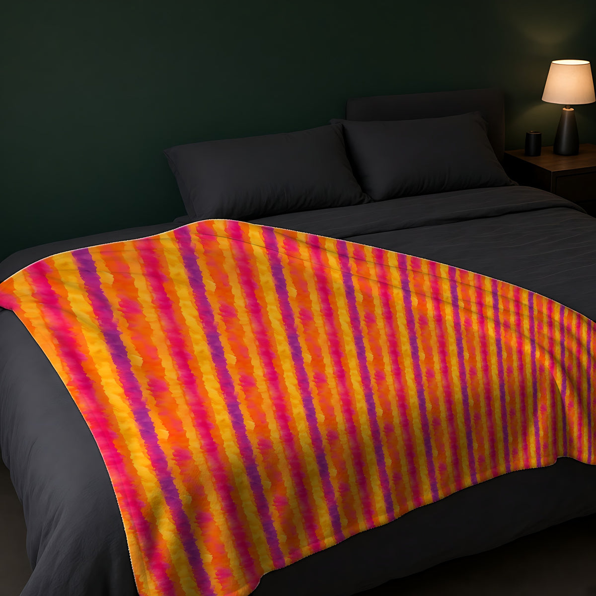 Bleed Stripe Ombre Sherpa Fleece Blanket across the foot of a dark bed