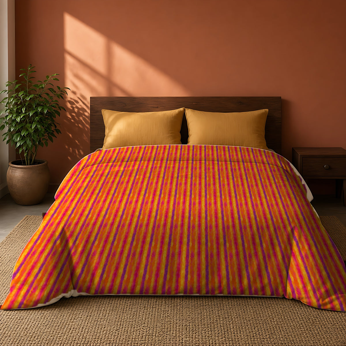 Bleed Stripe Ombre Comforter on a king bed against a warm terracotta wall