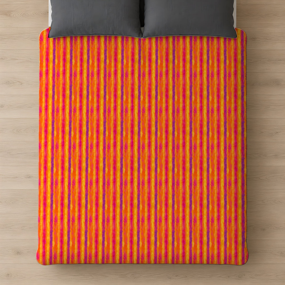 Bleed Stripe Ombre Cotton Duvet Cover on a bed, seen from above