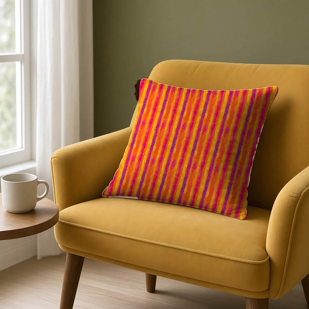 Bleed Stripe Ombre Faux Suede Cushion on a mustard armchair by a window