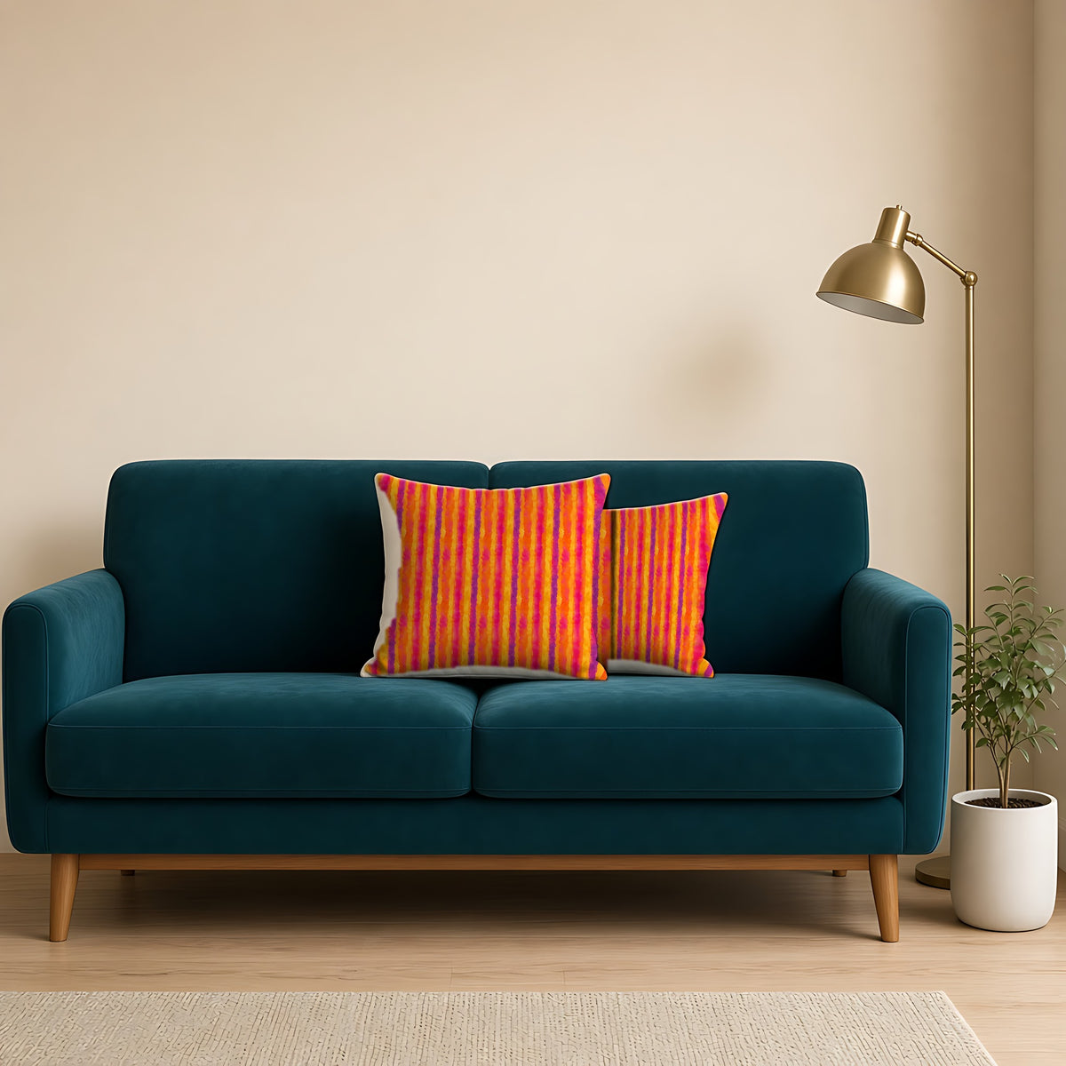 Bleed Stripe Ombre Faux Suede Cushion on a teal velvet sofa