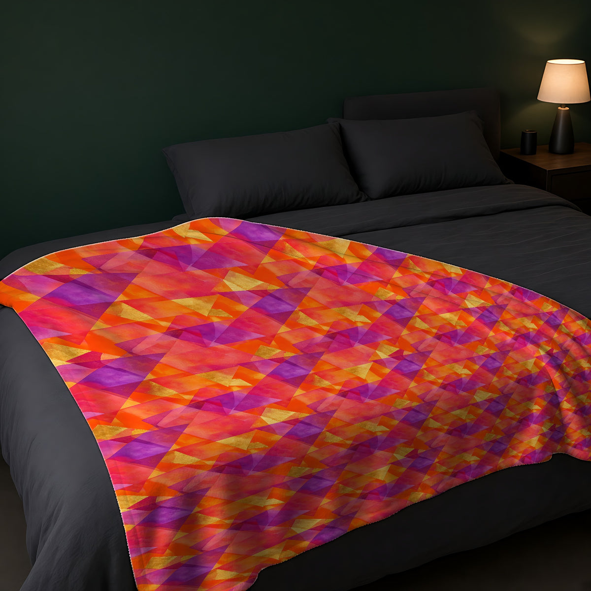 Layered Wash Shards Sherpa Fleece Blanket across the foot of a dark bed