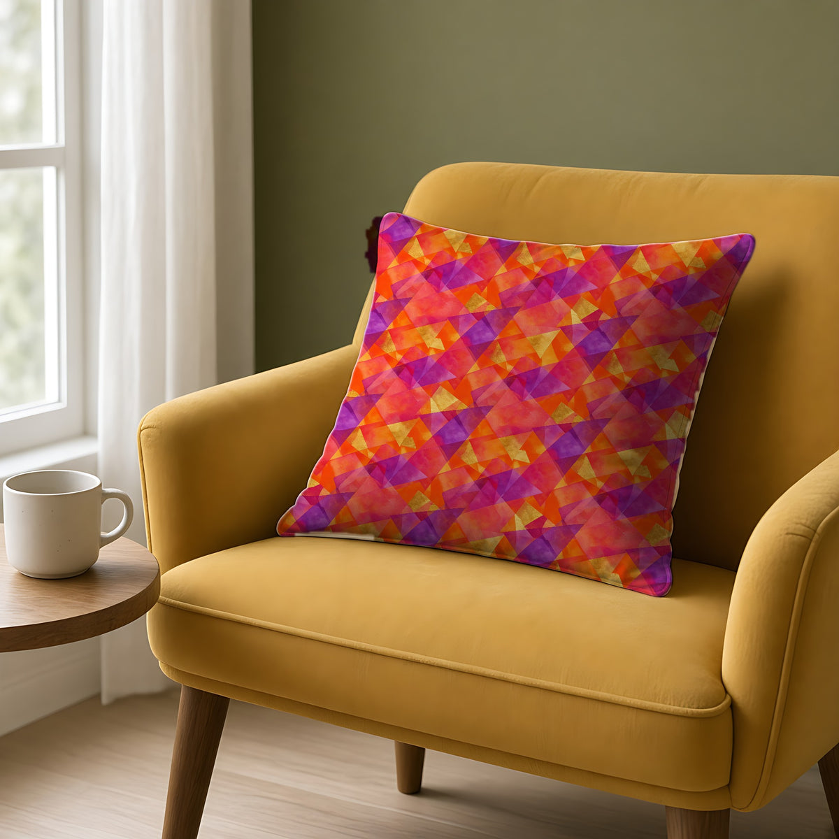 Layered Wash Shards Faux Suede Cushion on a mustard armchair by a window