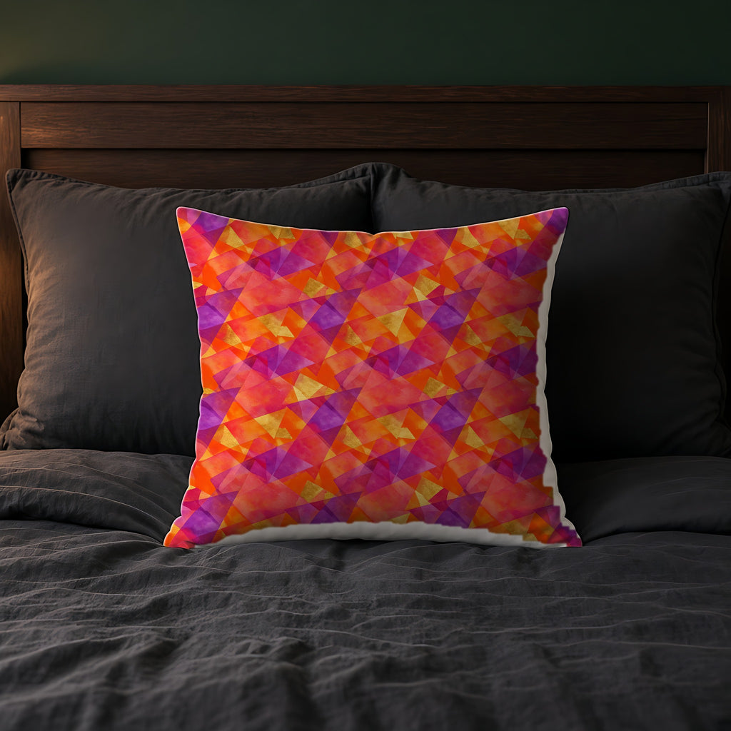 Layered Wash Shards Faux Suede Cushion on a bed with charcoal bedding