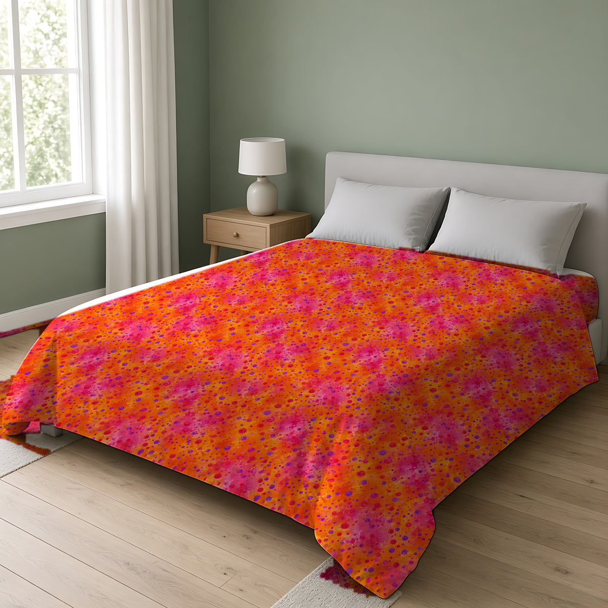 Pigment Dot Bleeds Comforter on a double bed in a bright sage-green bedroom