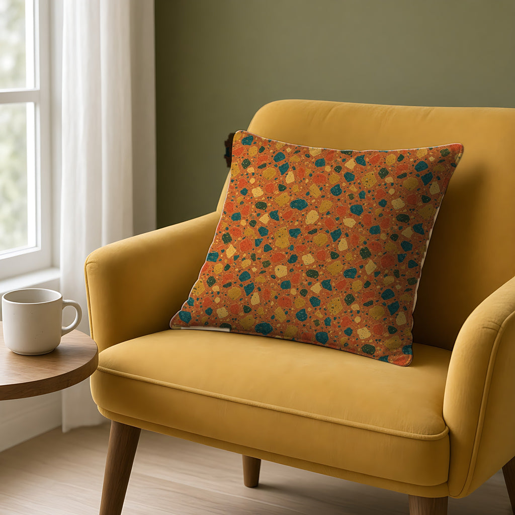 Macro Chip Mix Faux Suede Cushion on a mustard armchair by a window