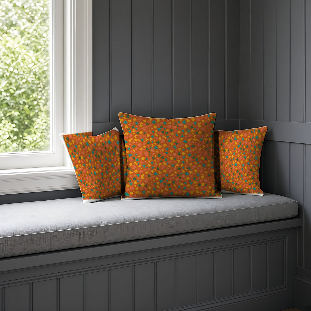 Angular Shard Scatter Faux Suede Cushion on a window seat